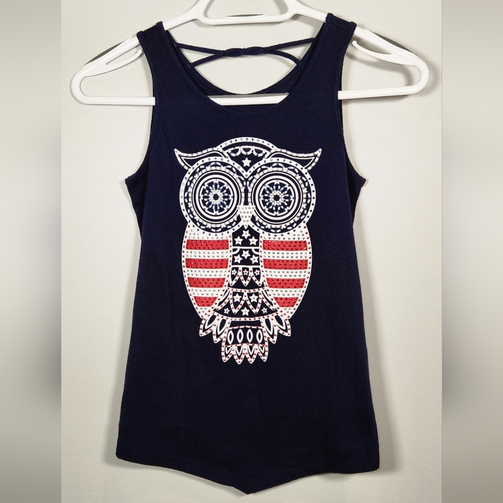 Girls' Justice Navy Blue Owl Tank Top with Embellished Patriotic Design- Size 10